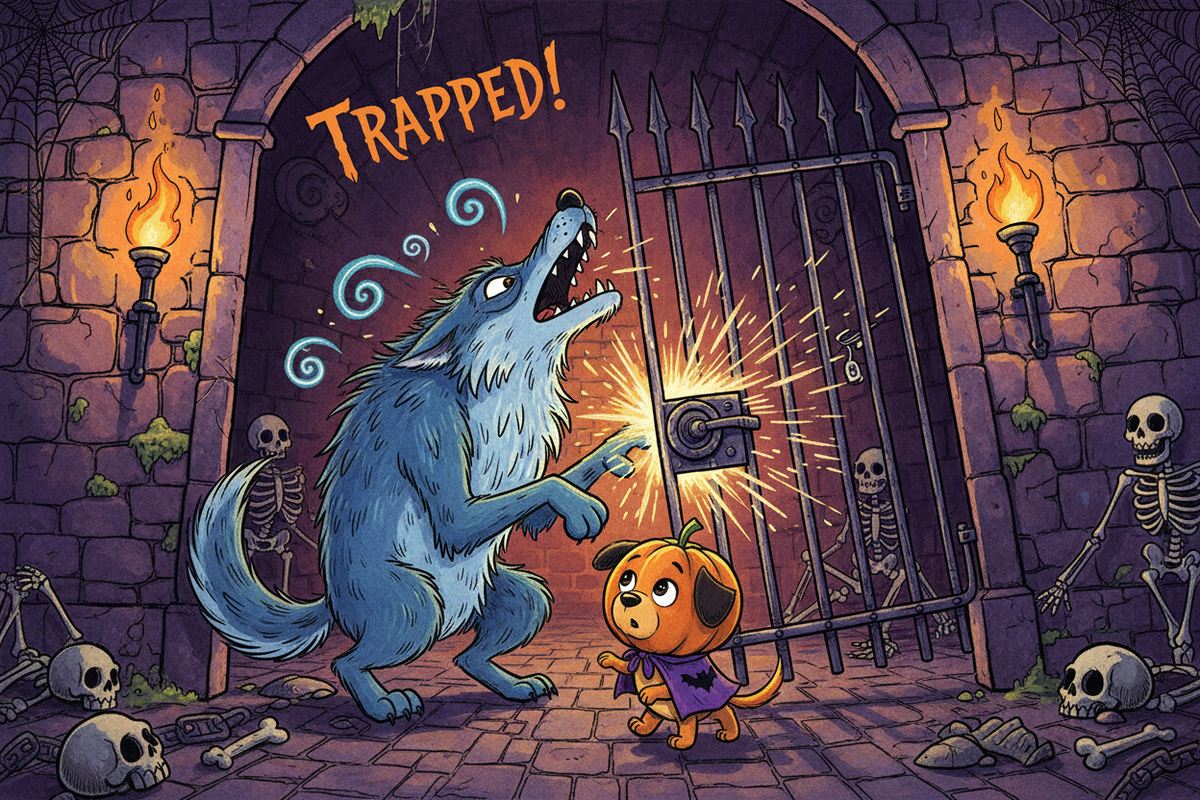 Bingo confessing his past to Pupkin while Skeloboy emerges from the shadows inside the castle